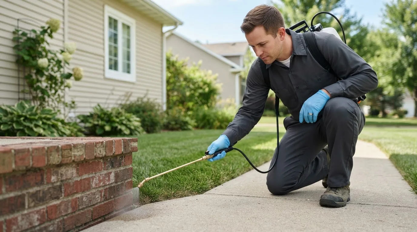 Pest control technician treating a home near Hamler, OH